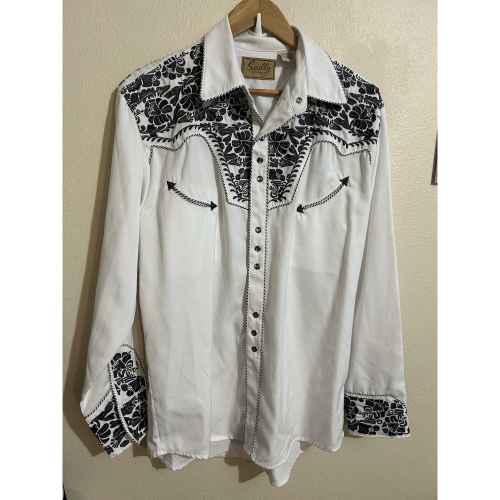 Scully Tooled Embroidered Floral Pearl Snap Rodeo Western Shirt Men's M Gray